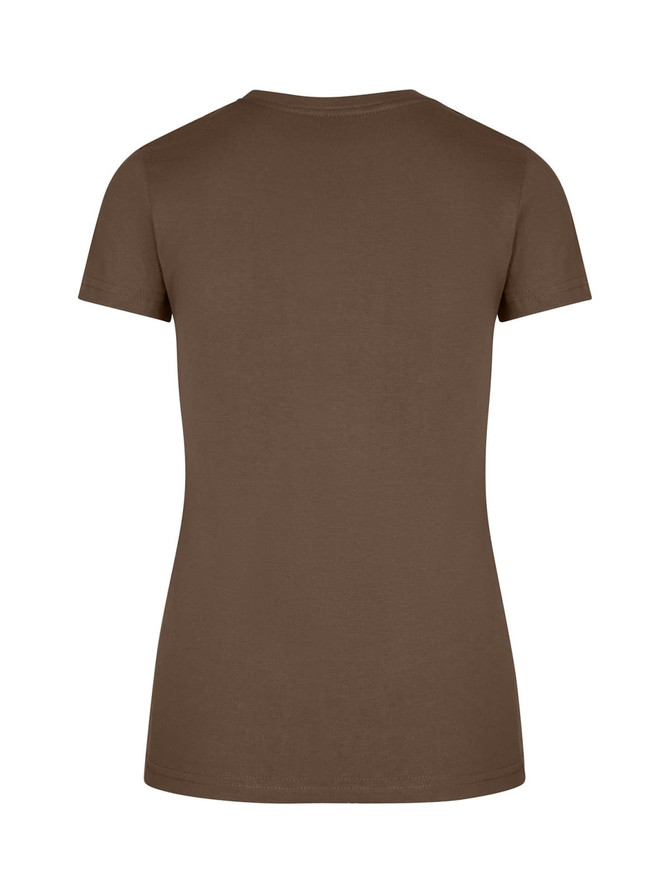 A brown women's slim fit tee with short sleeves and a round neckline, featuring a logo.