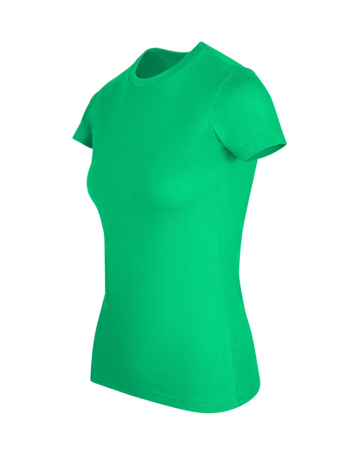 A women's slim fit tee in bright green, featuring a classic round neckline and short sleeves.