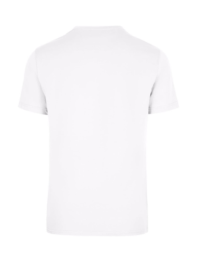 A plain white unisex t-shirt with short sleeves and a back view, featuring a logo.