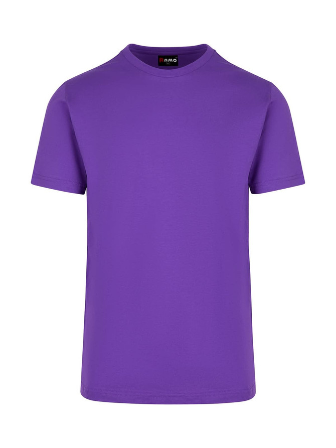 A purple unisex American style t-shirt with short sleeves and a crew neck, featuring a logo on the label.