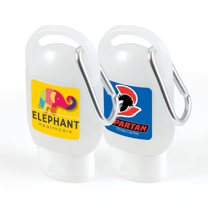 A white gel hand sanitiser bottle with two different logos and a carabiner for attachment.