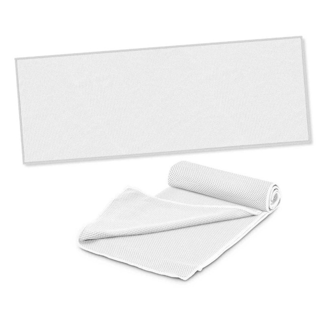 A white cooling towel displayed flat and rolled, featuring a textured fabric and a branding logo.