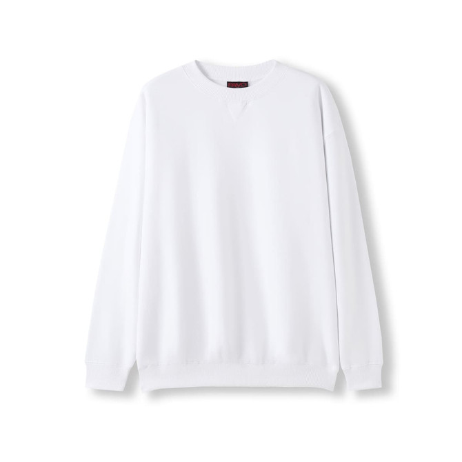 A white adult poly cotton fleece jumper, featuring a crew neck and long sleeves. It has a branding logo.