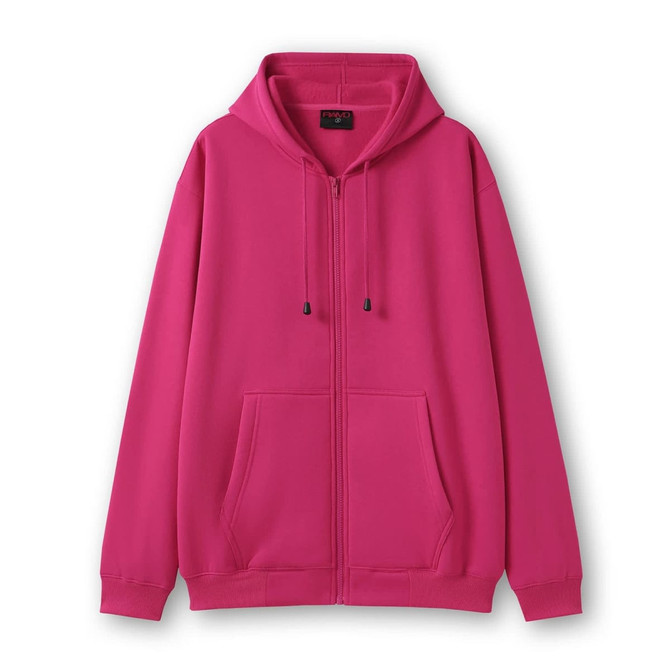 A pink zip hoodie featuring a front pocket and a drawstring hood. The hoodie has a branding logo.