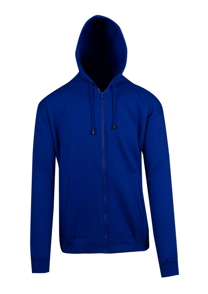 A blue men's zip hoodie with a pocket and a hood, featuring drawstrings and long sleeves.