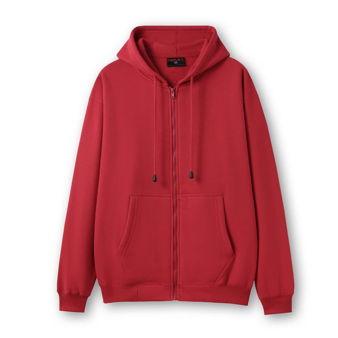 A red men's zip hoodie with a front pocket and a hood, featuring a logo on the tag.