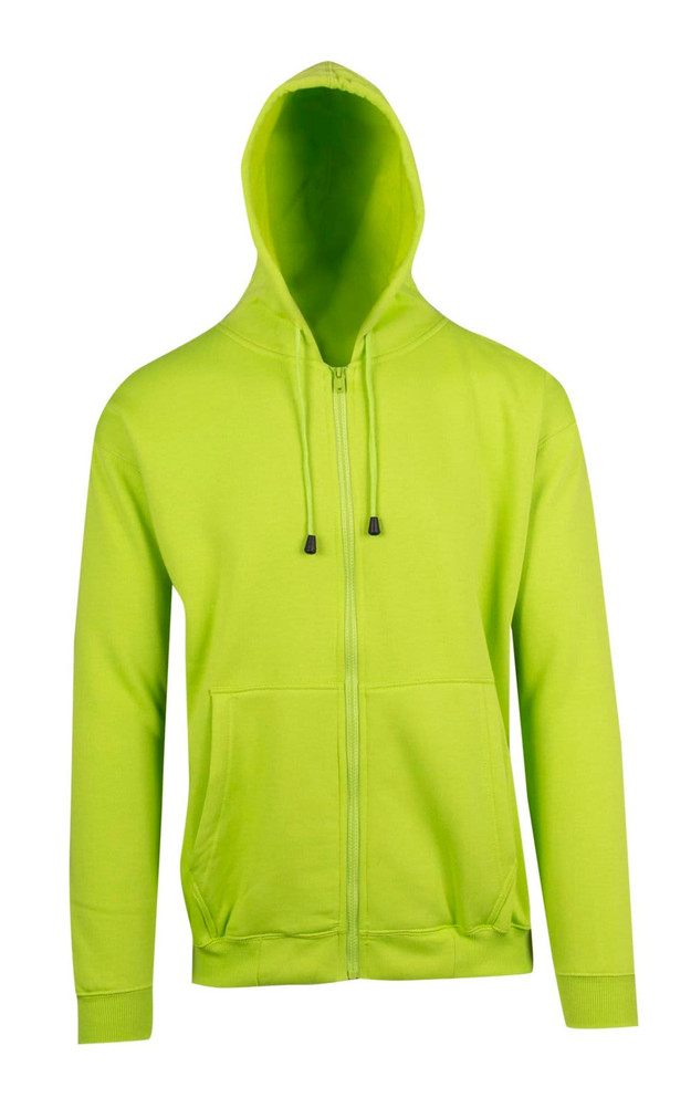 A bright green zip hoodie featuring a front pocket and a hood, complete with drawstrings and a logo.