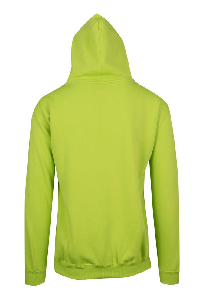 A lime green men's zip hoodie with a hood and a pocket, featuring a logo on the back.