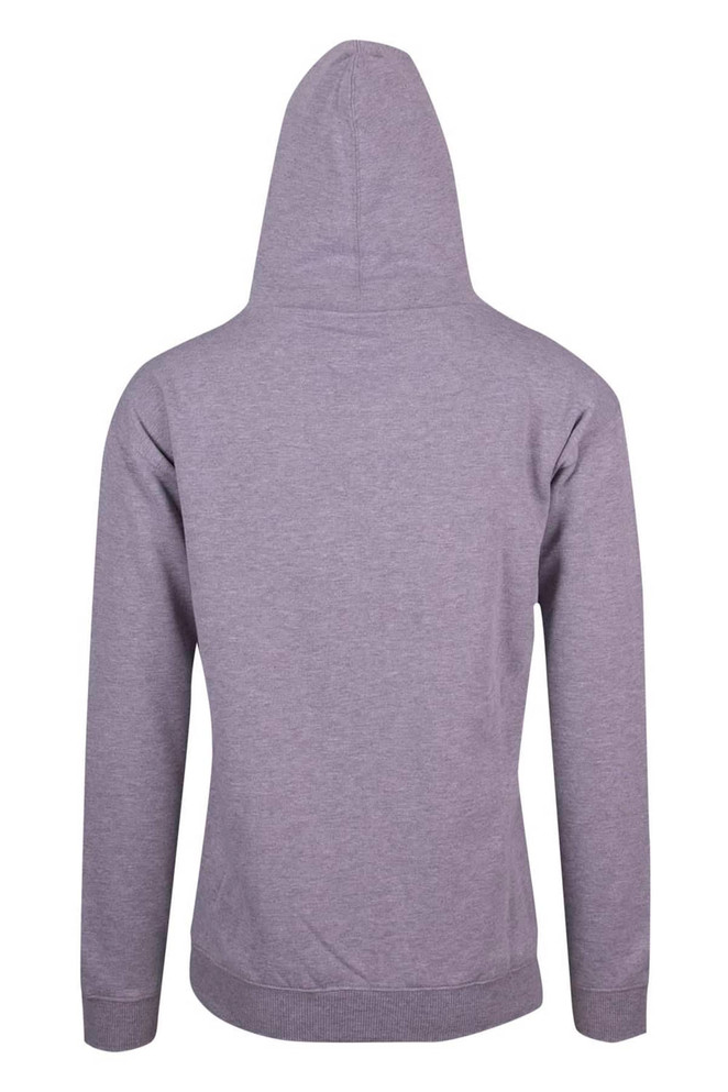A grey men's zip hoodie featuring a hood and a pocket, with a logo on the back.
