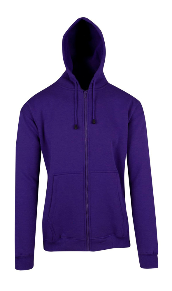 A purple men's zip hoodie featuring a hood and front pockets, with a logo on the front.