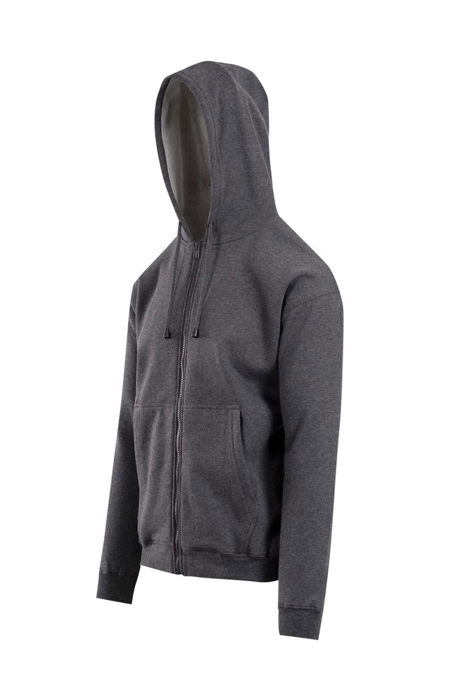 A grey zip hoodie with a pocket and a hood, featuring a simple design and a logo.