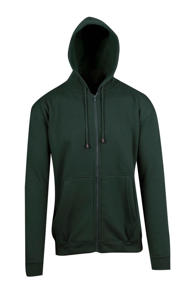 A green men's zip hoodie with a front pocket and a hood. It features a zip closure and long sleeves.