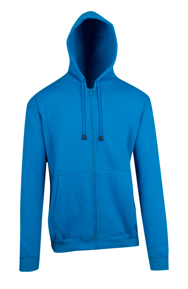 A vibrant blue men's zip hoodie with a front pocket and a hood, displaying a clean design.