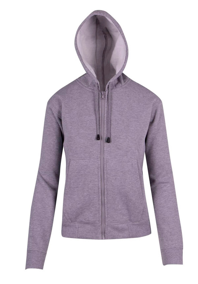 A grey women's/juniors zipper hoodie with a pocket and a logo on the front.