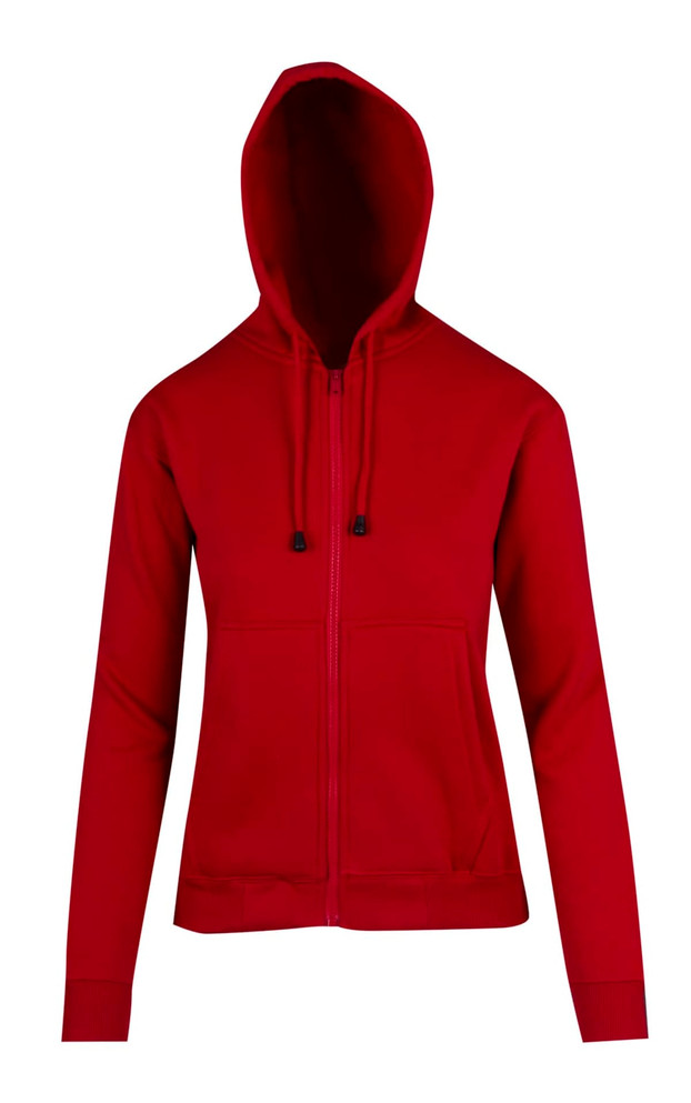 A red zippered hoodie with a front pocket and a hood, featuring drawstrings.