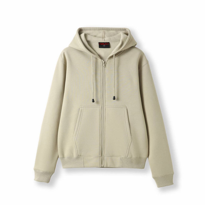 A beige women's zipper hoodie with a front pocket and a hood. It features a logo on the label.