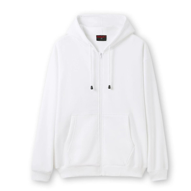 A white zip hoodie with a front pocket and a hood. It features a logo.