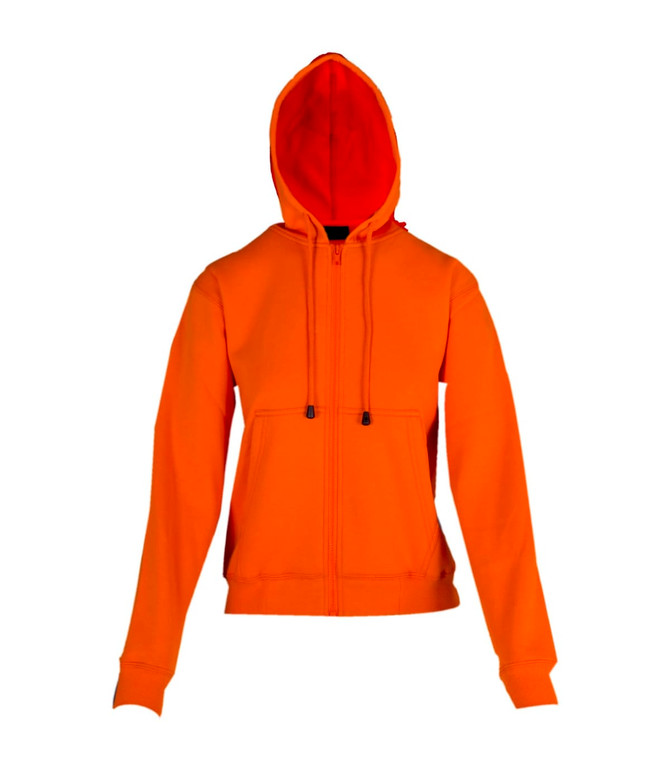 An orange zip-up hoodie with a pocket and a contrasting red hood, featuring a logo on the front.