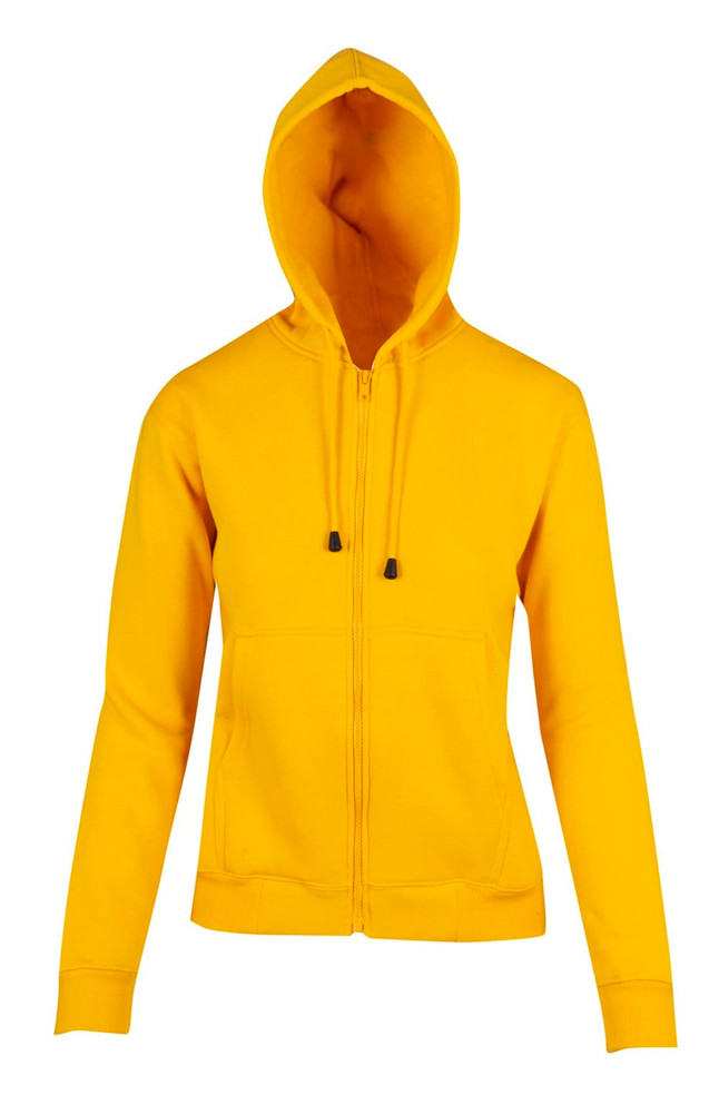 A yellow zippered hoodie with a pocket and a hood, featuring a drawstring.