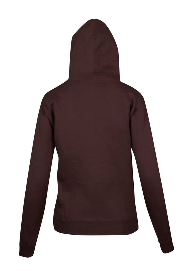 A brown women's/juniors zipper hoodie with a pocket, featuring a hood and long sleeves.