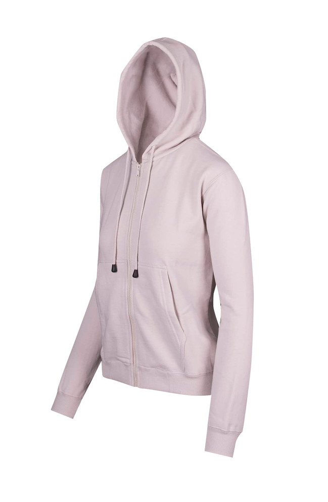 A light grey women's zippered hoodie with a pocket and drawstring hood, featuring a small logo.