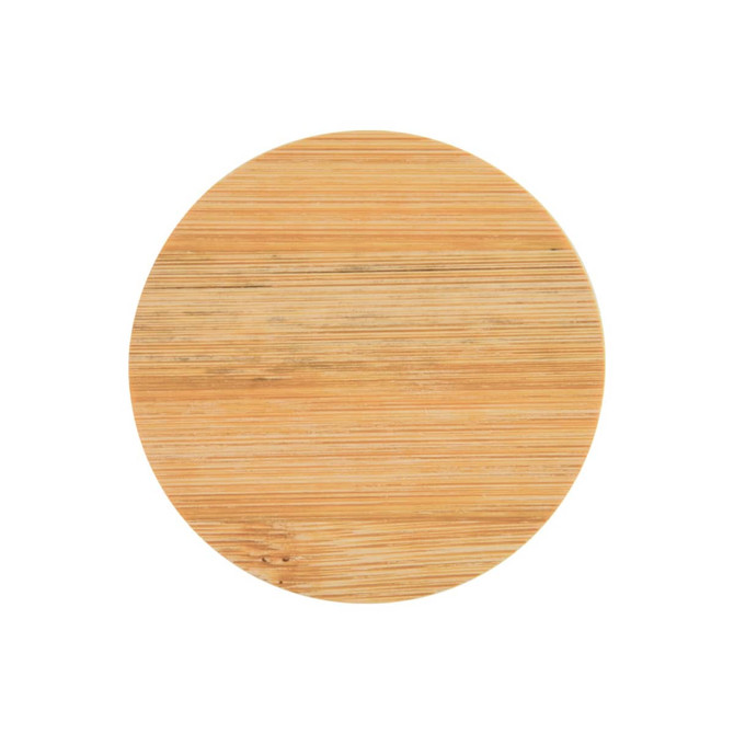 A round bamboo coaster with a smooth texture and natural wood finish. It features a small logo at the edge.
