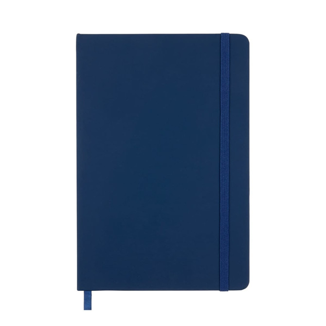 A dark blue Venture A5 Notebook featuring a smooth cover and an elastic band closure.