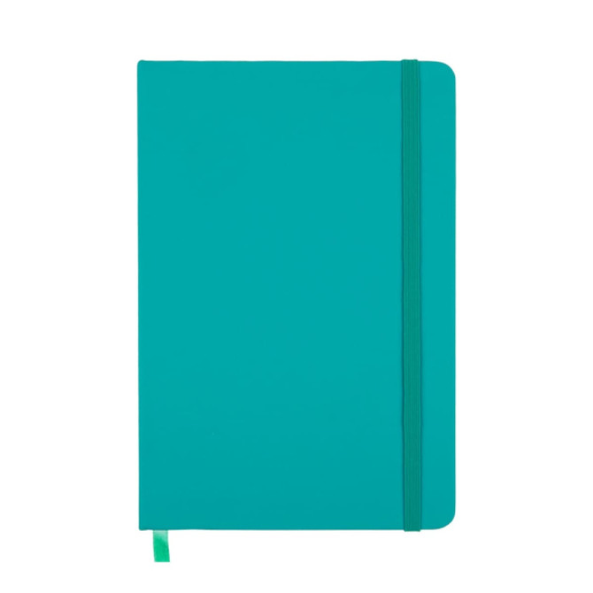 A teal Venture A5 Notebook featuring a sleek design, an elastic band closure, and a ribbon bookmark.