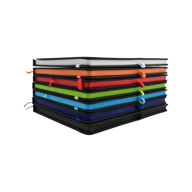 A stack of Venture Supreme A5 Notebooks in various colors, each featuring elastic bands and ribbon bookmarks.