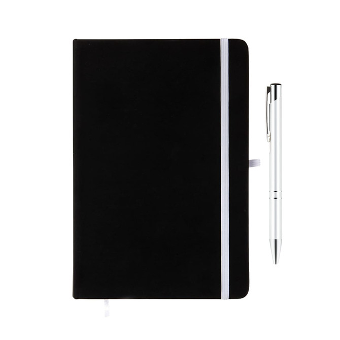 A black notebook with a white elastic band and a silver pen beside it. The notebook has a branding logo.