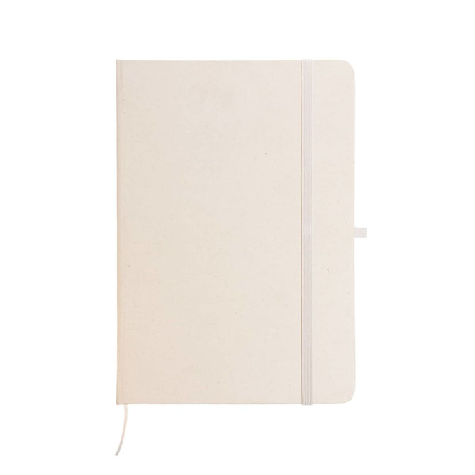 A cream-colored A5 notebook with a smooth cover and an elastic band closure. It includes a ribbon bookmark and a logo.
