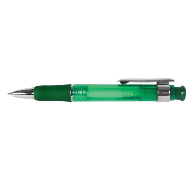 A plastic pen featuring a green body and a silver clip, designed for writing.