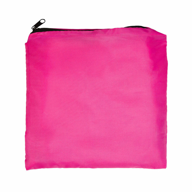 A pink drawstring backpack with a black zipper at the top. The bag features a solid color design and is lightweight.