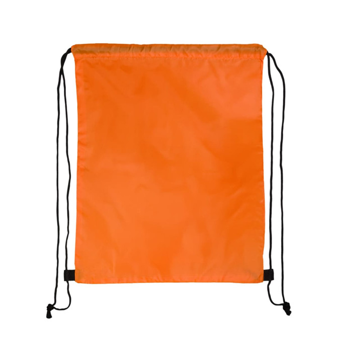 An orange drawstring backpack with black cords and a plain design, featuring a logo.