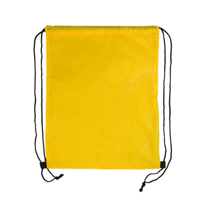 A yellow drawstring backpack with black cords for closure.