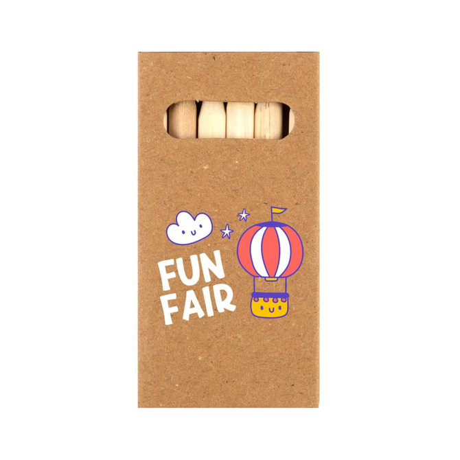 A brown kraft bag with a cut-out window showing colored pencils inside. It features a playful design with clouds and balloons.