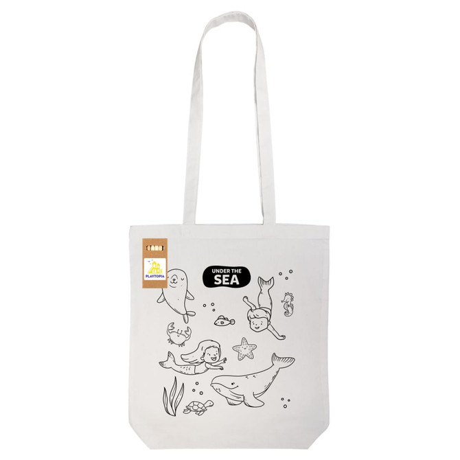 A grey cotton tote bag features a black and white sea-themed colouring design with various sea creatures and plants.