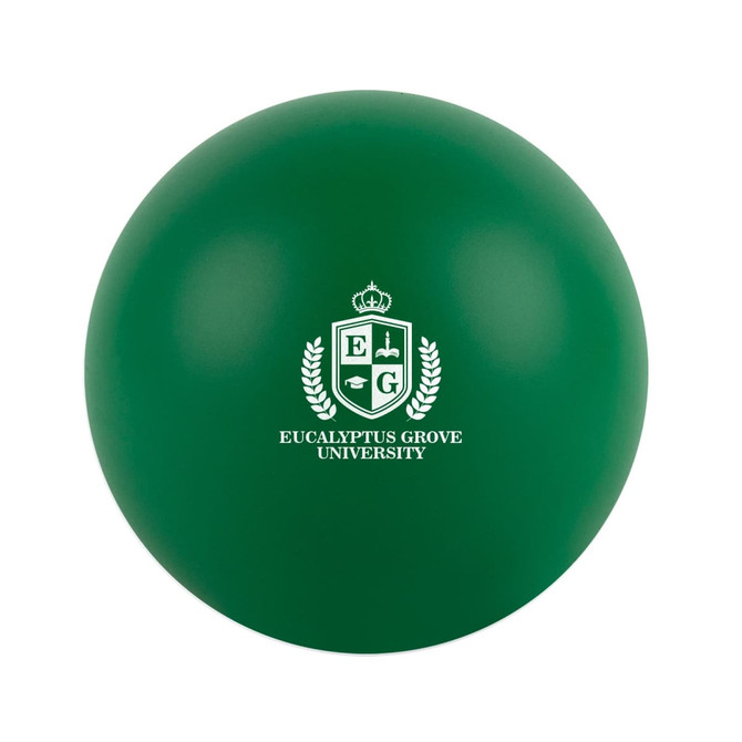 A green round stress ball featuring the logo of Eucalyptus Grove University.
