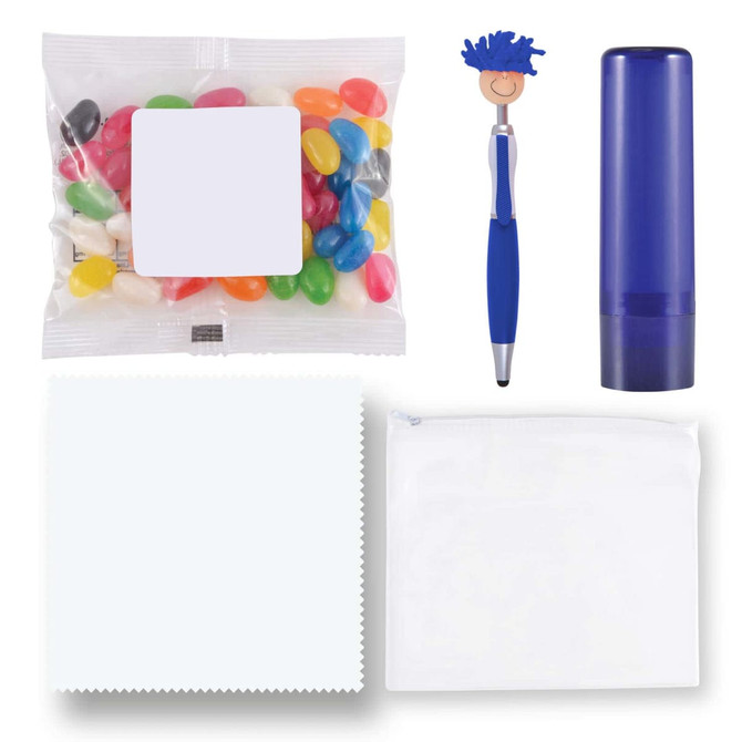 A collection of colorful jelly beans, a blue pen, a purple lip balm, and white pouches.