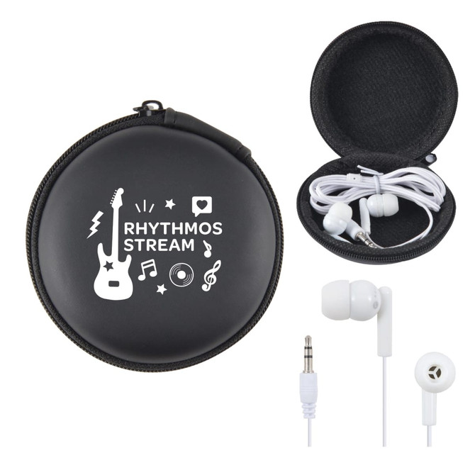 A black carrying case with white branding, containing a pair of white earbuds and a headphone jack.
