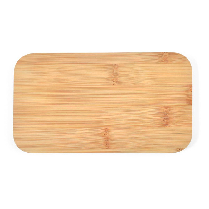 A bamboo lunch box with a smooth, natural finish and rounded corners, featuring a minimalistic design.