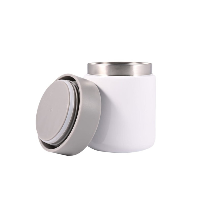 A food container with a stainless steel lid and a smooth white exterior, partially open to reveal the interior.