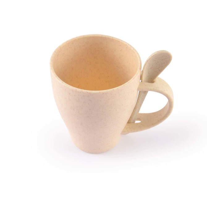 A reusable coffee cup made from wheat fiber, featuring a light beige color and a spoon integrated into the handle.