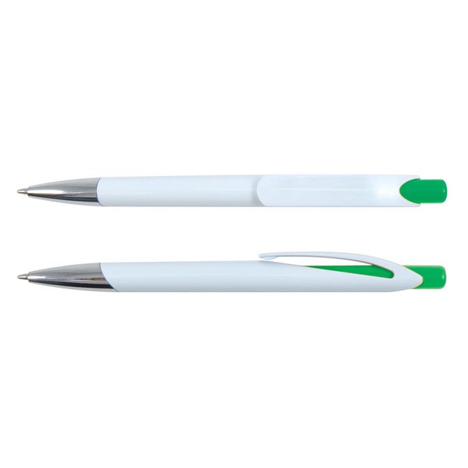 A plastic pen in white with green accents and a chrome tip, featuring a clip and a smooth design.