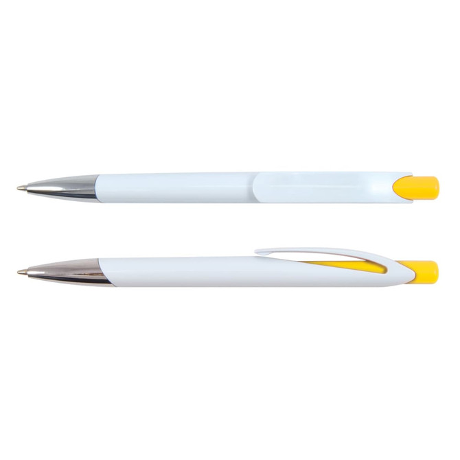 A set of Falcon Pens in a sleek plastic design, featuring a white body with yellow accents and chrome details.