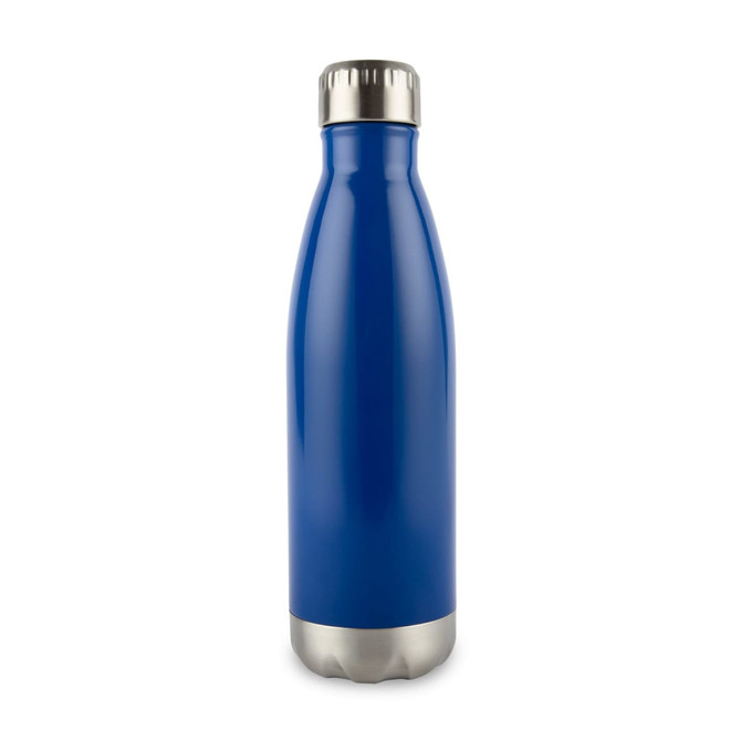 A drink bottle with a sleek blue exterior and a stainless steel bottom. It features a shiny metal cap.
