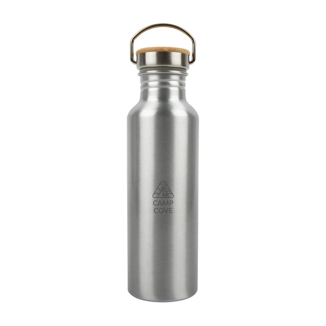 A drink bottle made of recycled aluminum with a cork stopper and a metal handle, featuring the logo "CAMP COVE."