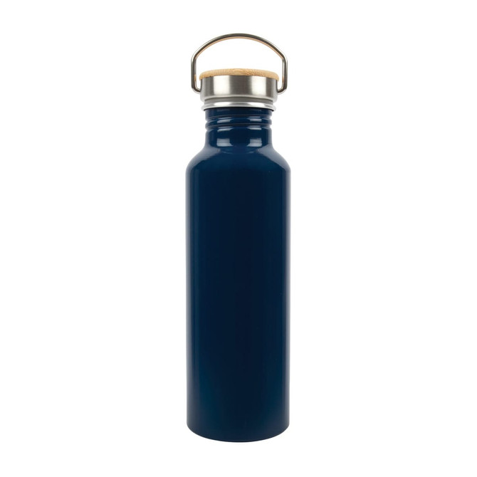 A drink bottle made of recycled aluminum with a navy blue finish and a wooden cork lid.