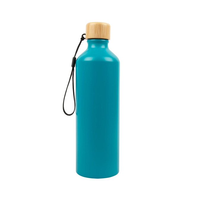 A drink bottle made of aluminum in a vibrant teal color, featuring a bamboo lid and a carrying strap.