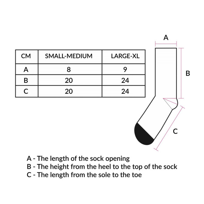 A diagram of a sock size chart with measurements labeled A, B, and C, featuring a sock illustration and dimensions in centimetres.